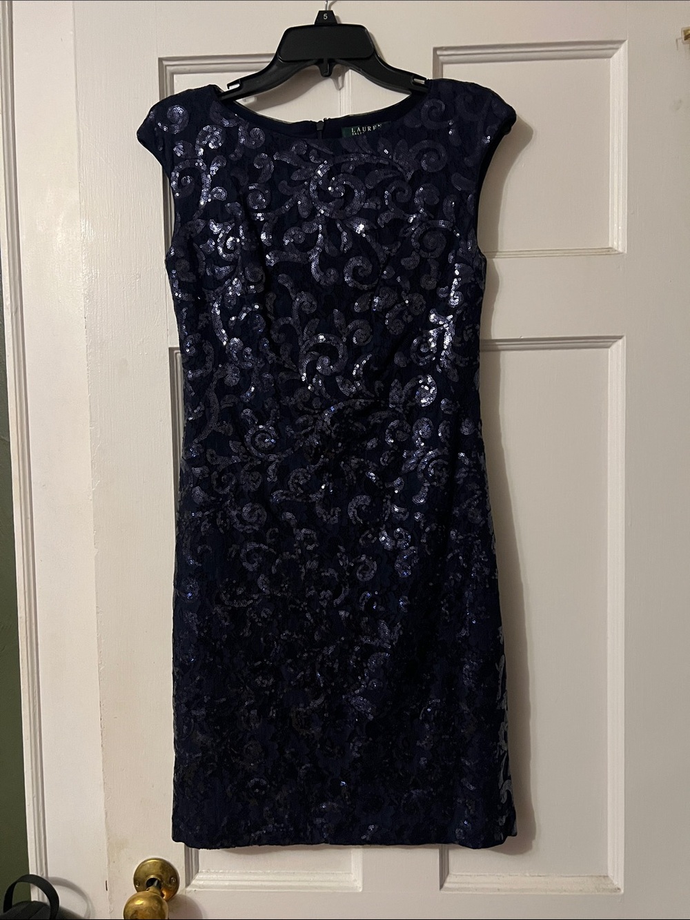 Lauren Ralph Lauren Navy Sequin Lace Midi Dress with swirl design